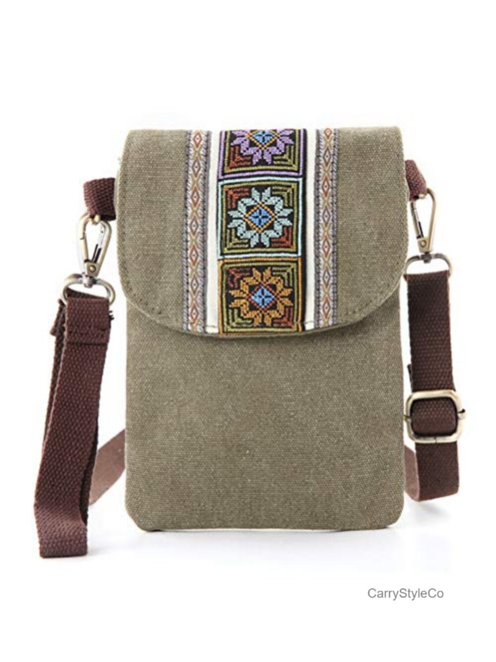 Boho Embroidered Canvas Cell Phone Crossbody Bag Wristlet Wallet Coin Purse